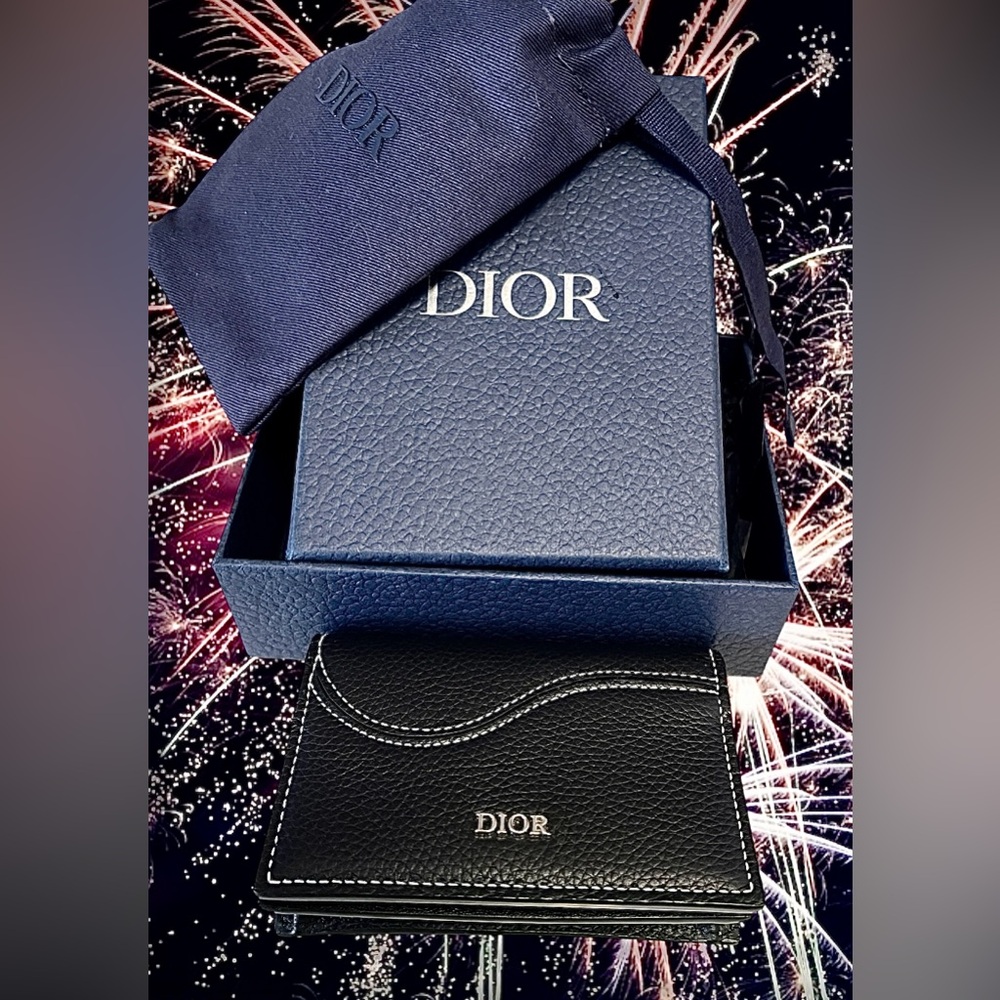 Dior NWOT Leather Wallet with Box&Dust bagPebbled black leather/white stitching - Picture 10 of 15